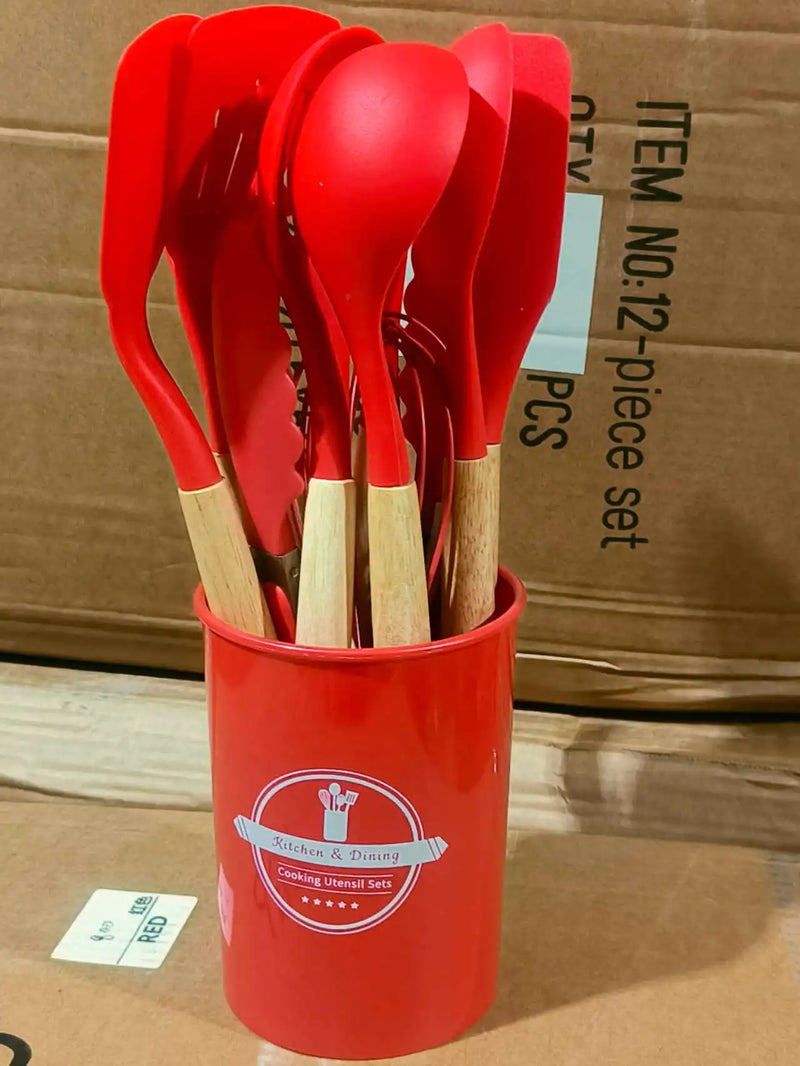 Conjunto de Cozinha com 12 Peças - Ferramentas de Silicone para Cozinha com Suporte de Madeira